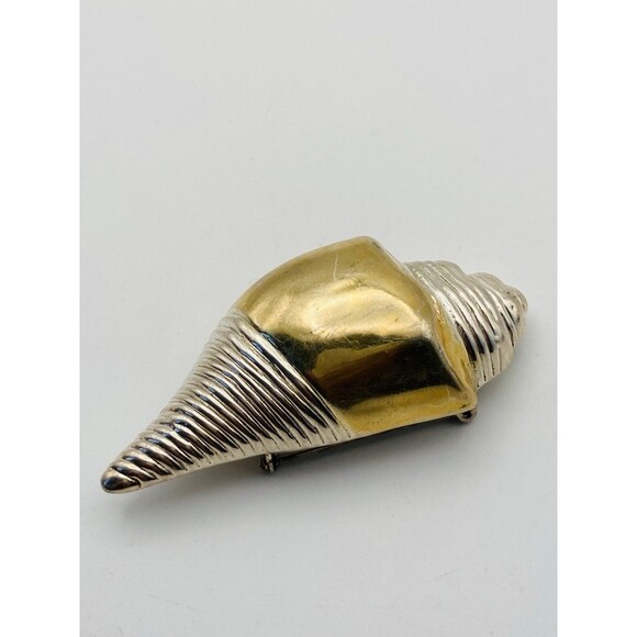Signed handmade artisan 925 sterling silver gold plated shell brooch - Picture 2 of 10